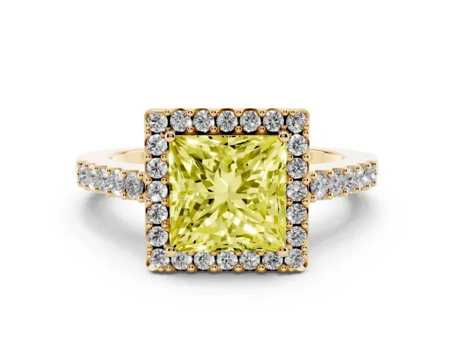 Princess Cut Halo Engagement Ring Setting for a Fancy Yellow Lab-Grown Diamond | Single Row Pavé Band | Yellow Gold