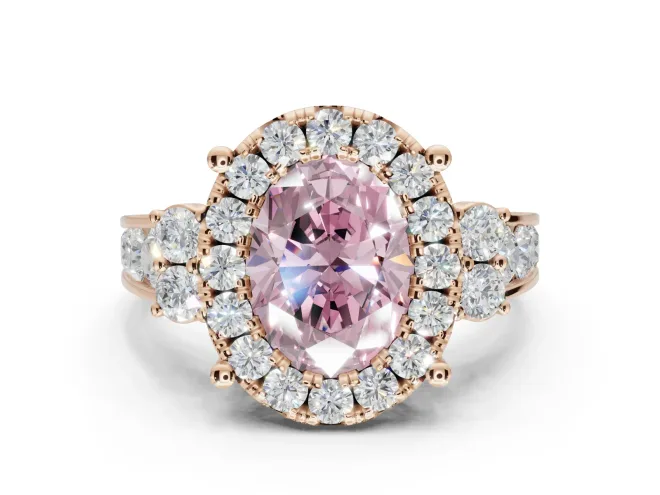 Oval Halo Engagement Ring Setting for a Fancy Pink Lab-Grown Diamond | Side Clusters | Rose Gold