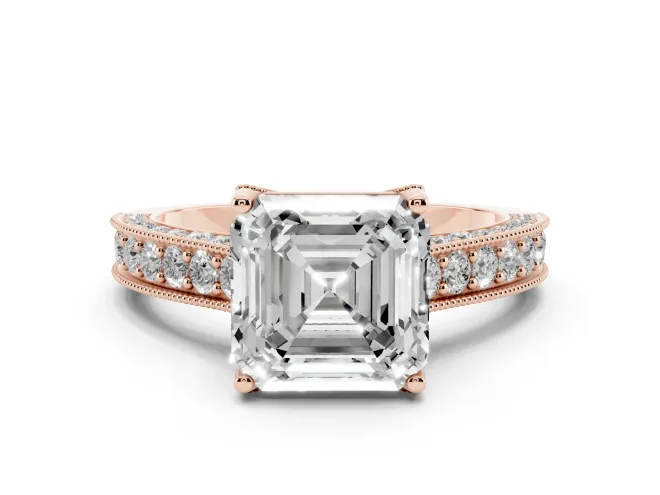 Asscher Cut Vintage Hidden Halo Engagement Ring Setting | Milgrain Pavé Band | Rose Gold