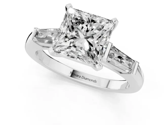 Princess Cut Diamond Solitaire Ring Set in Silver with Tapered Baguette Side Stones and Prong Setting – second view