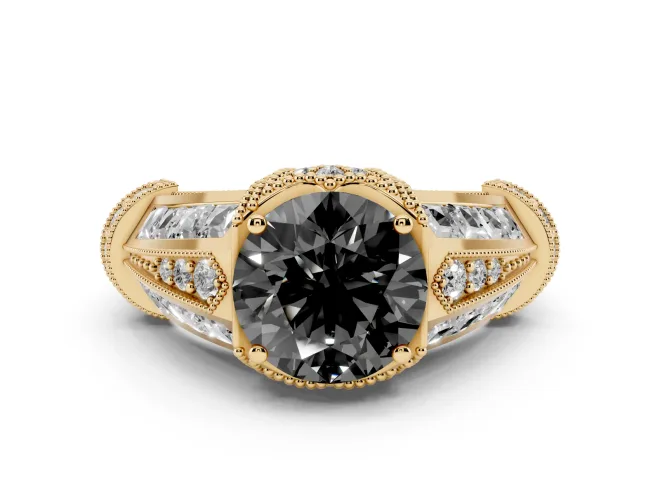 Round Vintage Milgrain Engagement Ring Setting for a Black Center | Hidden Halo | Yellow Gold