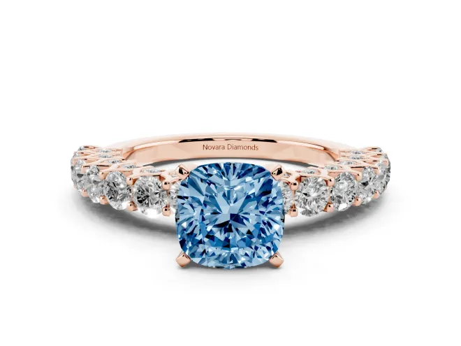 Cushion Cut Shared Prong Engagement Ring Setting for a Fancy Blue Lab-Grown Diamond | Rose Gold