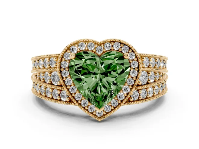 Fancy Green Heart Cut Diamond Halo Ring Set in Yellow gold with Accent Split Shank and Prong Setting