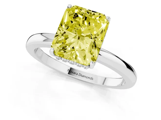 Fancy Yellow Radiant Cut Diamond Solitaire Ring Set in Platinum with Plain Band and Prong Setting – second view