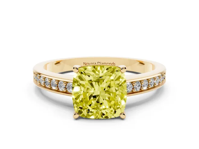 Cushion Cut Pavé Solitaire Engagement Ring Setting for a Fancy Yellow Lab-Grown Diamond | Accented Basket | Yellow Gold