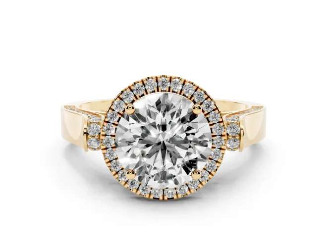 Round Halo Engagement Ring Setting | Pavé Panel Shoulders | Yellow Gold
