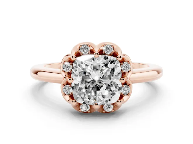 Cushion Cut Diamond Round Cluster Halo Ring Set in Rose gold with Solitaire Band and Prong Setting