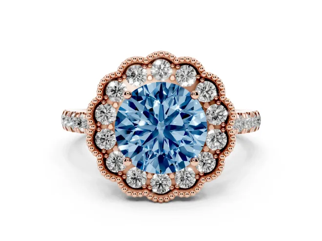 Round Vintage Milgrain Floral Halo Engagement Ring Setting for a Fancy Blue Lab-Grown Diamond | Pavé Band | Rose Gold