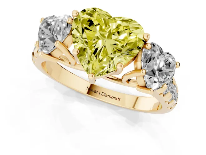 Fancy Yellow Heart Cut Diamond Three-Stone Ring Set in Yellow gold with Pavé Band – second view
