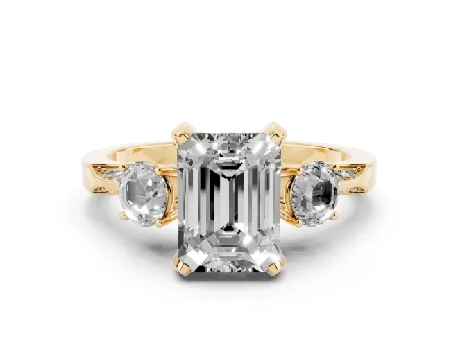 Emerald Cut Hidden Halo Three Stone Engagement Ring Setting for a Fancy Yellow Lab-Grown Diamond | Yellow Gold