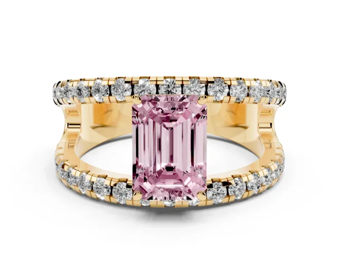 Emerald Cut Split Shank Pavé Engagement Ring Setting for a Fancy Pink Lab-Grown Diamond | Yellow Gold