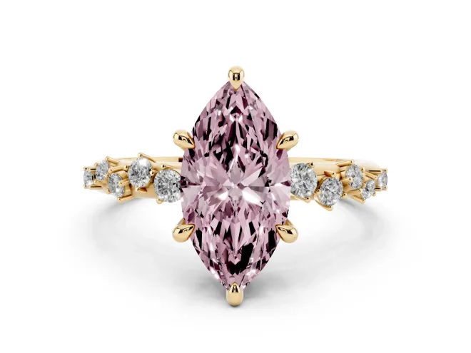 Fancy Pink Marquise Cut Diamond Solitaire Vine Band Ring Set in Yellow gold with Round Accents and Prong Setting