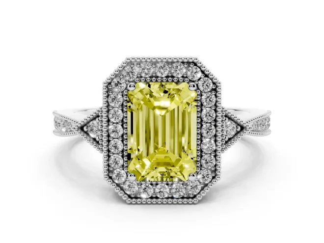 Emerald Cut Milgrain Halo Engagement Ring Setting for a Fancy Yellow Lab-Grown Diamond | Graduated Pavé | White Gold