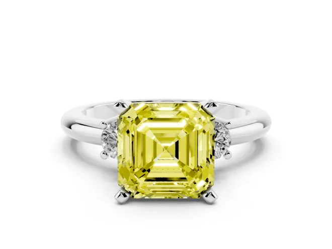 Asscher Cut Three Stone Engagement Ring Setting for a Fancy Yellow Lab-Grown Diamond | Round Side Stones | White Gold