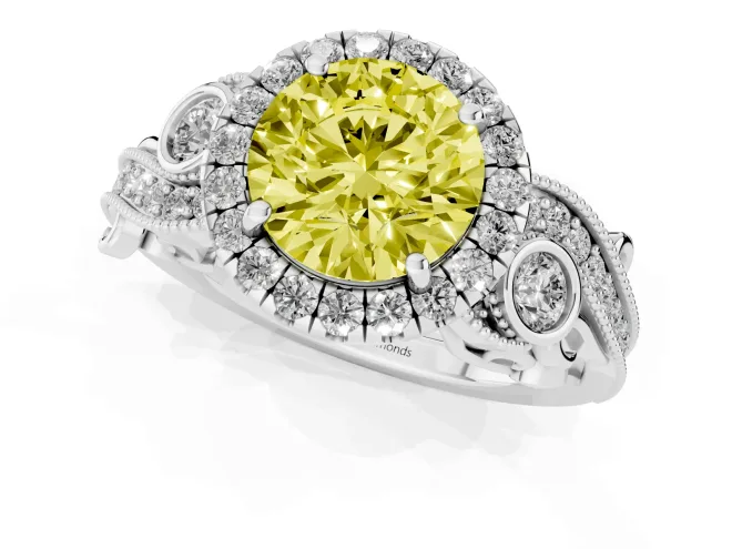 Fancy Yellow Round Cut Diamond Halo Ring Set in Platinum with Milgrain Pavé Band and Prong Setting – second view