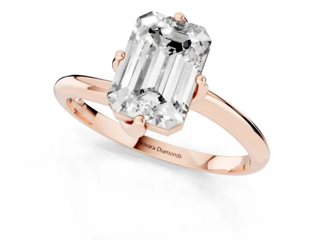 Emerald Cut Diamond Solitaire Engagement Ring Set in Rose gold with Classic Plain Band – second view