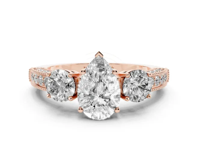 Pear-Shaped Vintage Three Stone Engagement Ring Setting | Graduated Milgrain Pave | Rose Gold