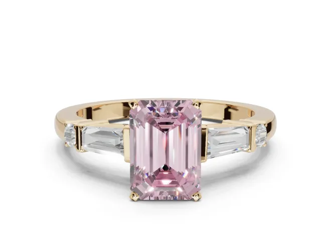Emerald Cut Tapered Baguette Engagement Ring Setting for a Fancy Pink Lab-Grown Diamond | Bar Set Sides | Yellow Gold