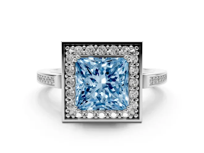 Princess Cut Halo Engagement Ring Setting for a Fancy Blue Lab-Grown Diamond | Polished Halo Rim | White Gold
