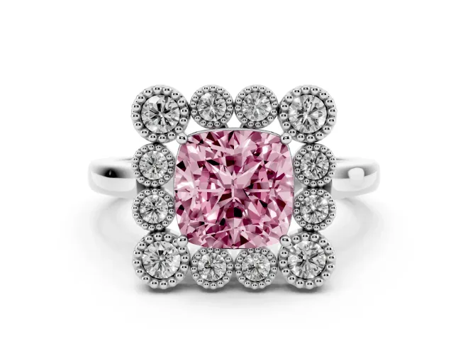 Cushion Cut Milgrain Cluster Halo Engagement Ring Setting for a Fancy Pink Lab-Grown Diamond | Plain Band | White Gold