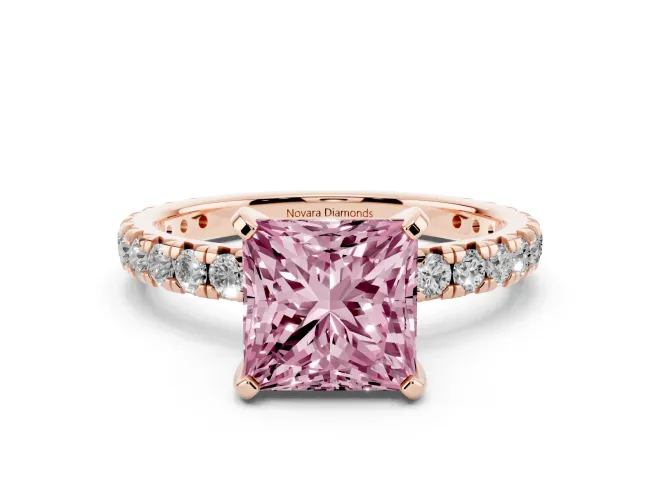 Fancy Pink Princess Cut Diamond Pavé Solitaire Ring Set in Rose gold with Round Band and Prong Setting