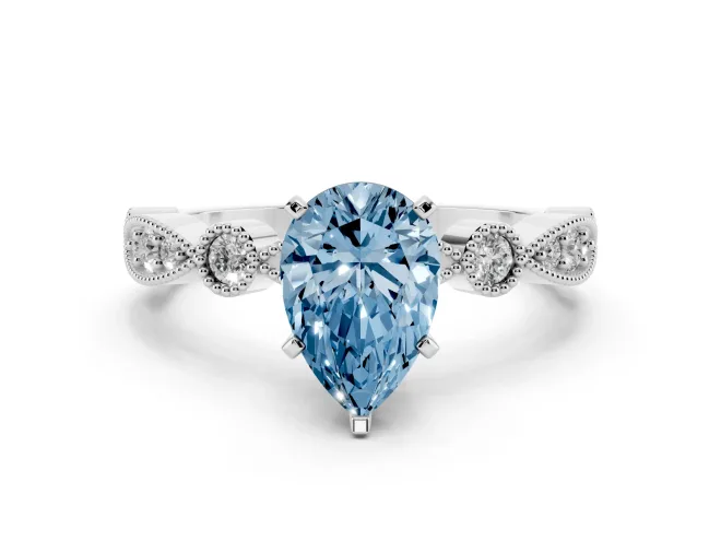Fancy Blue Pear Cut Diamond Solitaire Engagement Ring Set in White gold with Milgrain Bezel Accent Band