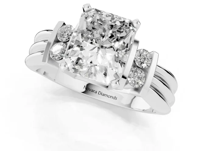 Three-Stone Radiant Cut Diamond Channel Set Ring Set in Silver with Bar Prongs – second view