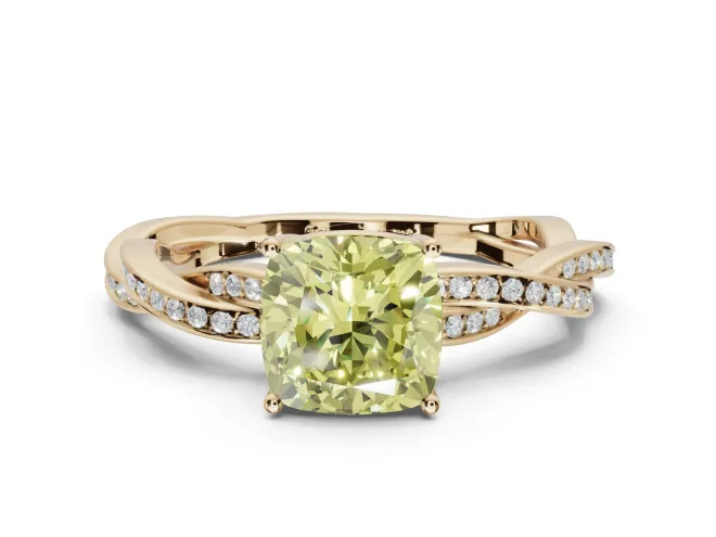 Cushion Cut Twisted Pavé Solitaire Engagement Ring Setting for a Fancy Yellow Lab-Grown Diamond | Yellow Gold