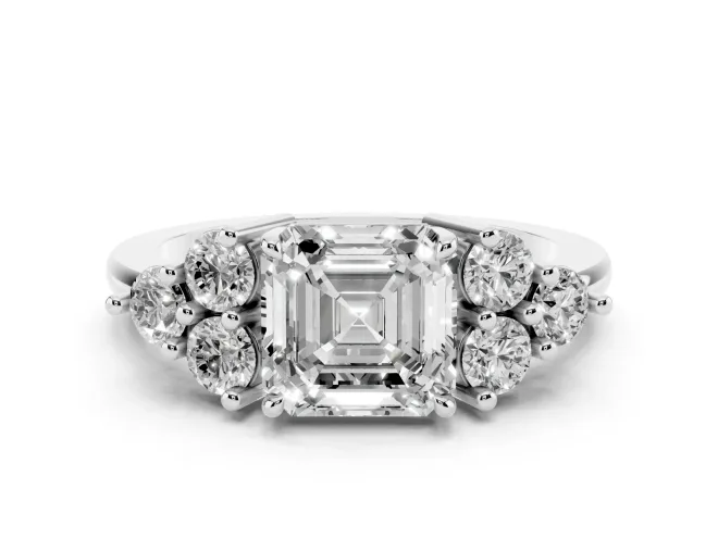 Asscher Cut Cluster Side Stone Engagement Ring Setting | Plain Band | White Gold