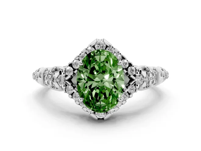 Fancy Green Oval Cut Diamond Solitaire Ring Set in Silver with Hidden Halo and Pavé Band