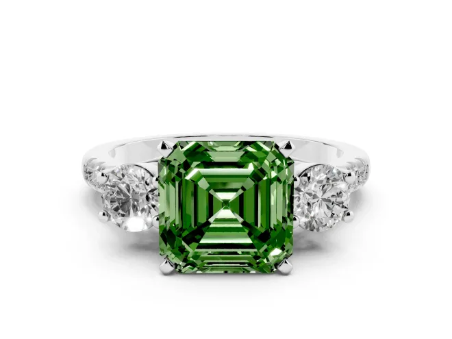 Asscher Cut Three-Stone Engagement Ring Setting for a Fancy Green Lab-Grown Diamond | Platinum