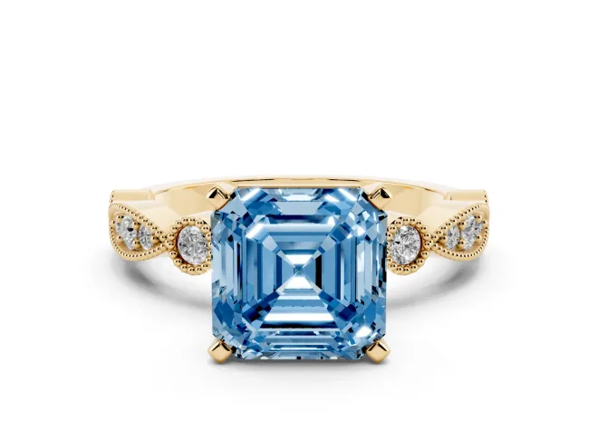 Fancy Blue Asscher Cut Diamond Solitaire Engagement Ring Set in Yellow gold with Milgrain Bezel Accent Band