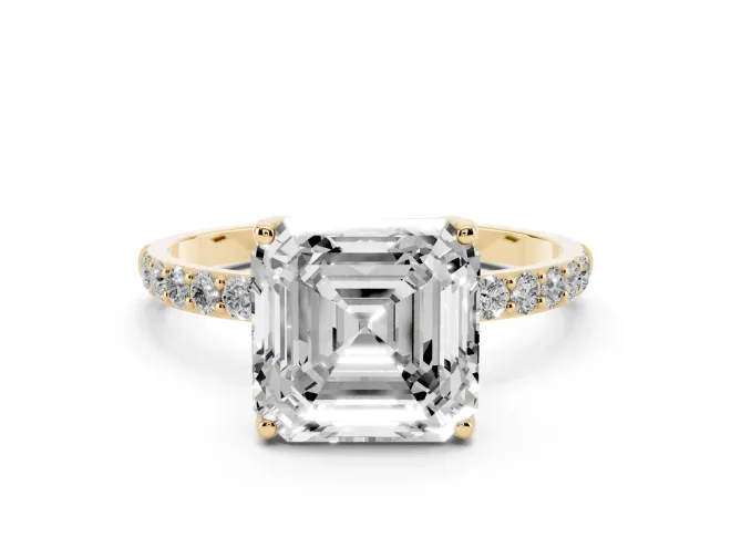 Asscher Cut Pavé Solitaire Engagement Ring Setting | Fine Line Pavé Band | Yellow Gold