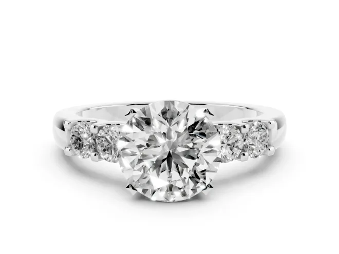 Round Cut Diamond Five-Stone Prong Set Engagement Ring Set in Silver with Channel Band