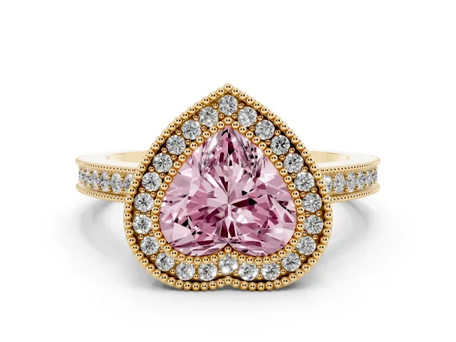Fancy Pink Heart Cut Diamond Round Halo Ring Set in Yellow gold with Pavé Band