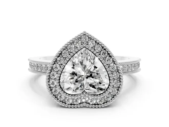 Heart Cut Diamond Halo Ring Set in White gold with Pavé Band and Milgrain-Edged Prongs