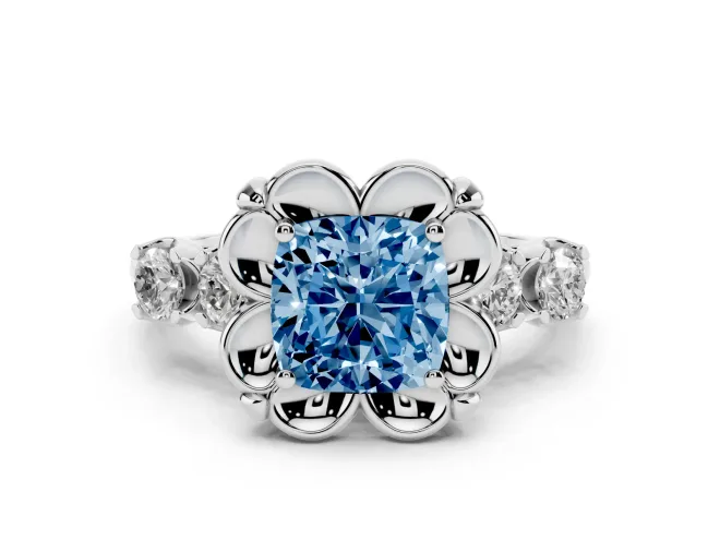 Fancy Blue Cushion Cut Diamond Floral Halo Ring Set in Silver with Shared Prong Band