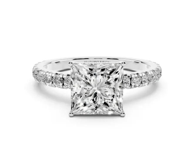Princess Cut Diamond Pavé Solitaire Engagement Ring Set in Platinum with Prong Setting