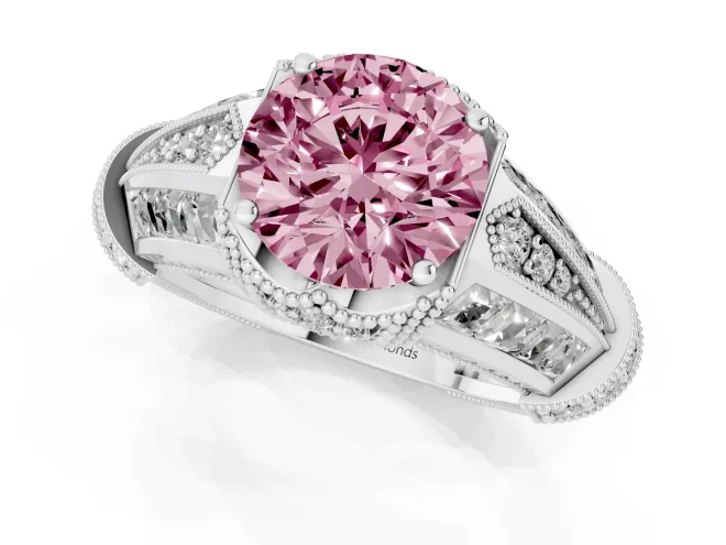 Fancy Pink Round Cut Diamond Vintage-Inspired Milgrain Ring Set in White gold with Accent Split Shank – second view