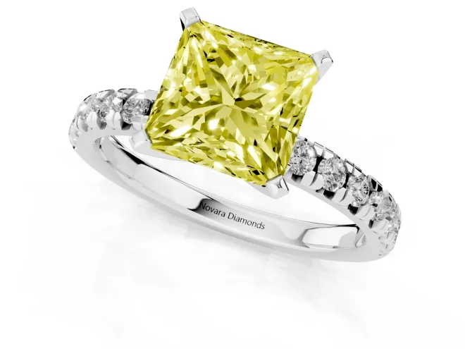 Fancy Yellow Princess Cut Diamond Solitaire Pavé Engagement Ring Set in Silver with Round Band and Prong Setting – second view