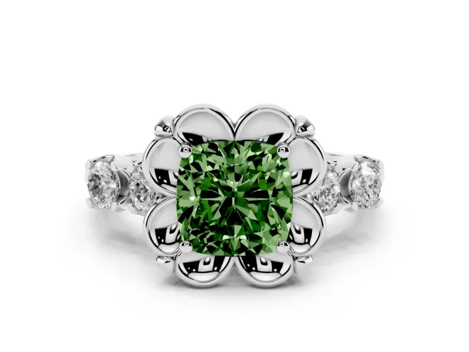 Fancy Green Cushion Cut Diamond Floral Halo Ring Set in Platinum with Shared Prong Band