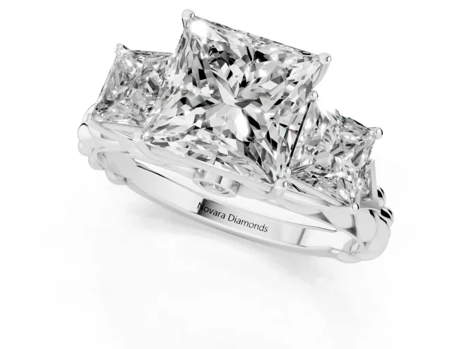 Princess Cut Diamond Three-Stone Ring Set in White gold with Braided Band – second view