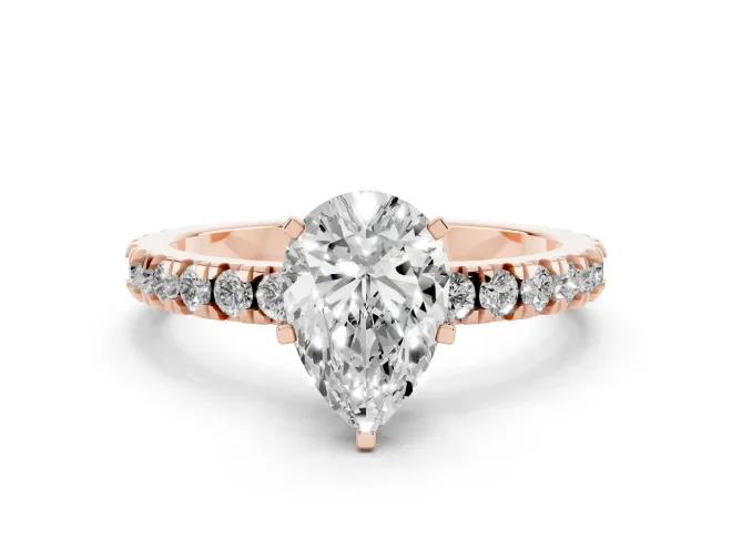 Pear Cut Diamond Pavé Band Solitaire Set in Rose gold with Prong Setting