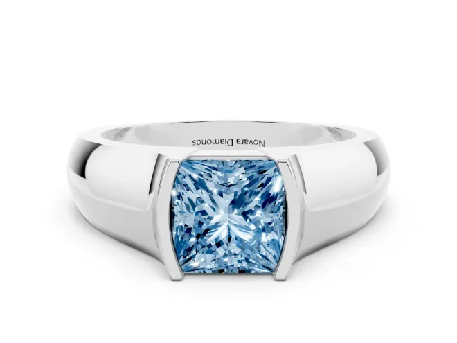 Fancy Blue Princess Cut Diamond Bezel Solitaire Ring Set in White gold with Wide Band