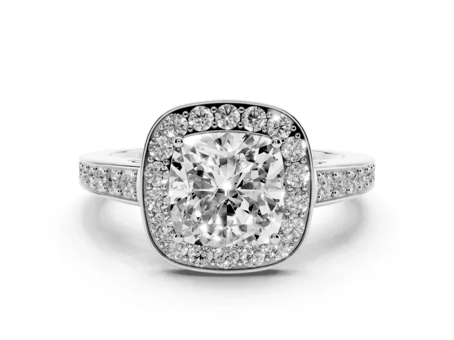 Cushion Cut Diamond Halo Pavé Engagement Ring Set in White gold with Bezel Setting