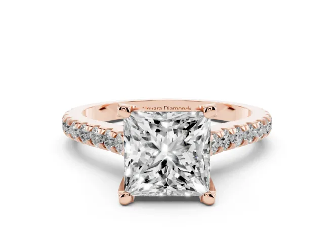 Princess Cut Hidden Halo Pavé Engagement Ring Setting | Claw Prongs | Rose Gold