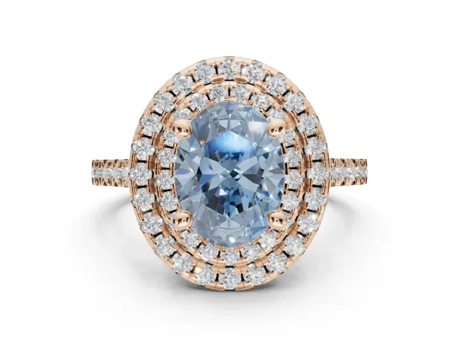 Oval Double Halo Engagement Ring Setting for a Fancy Blue Lab-Grown Diamond | Pavé Shoulders | Rose Gold