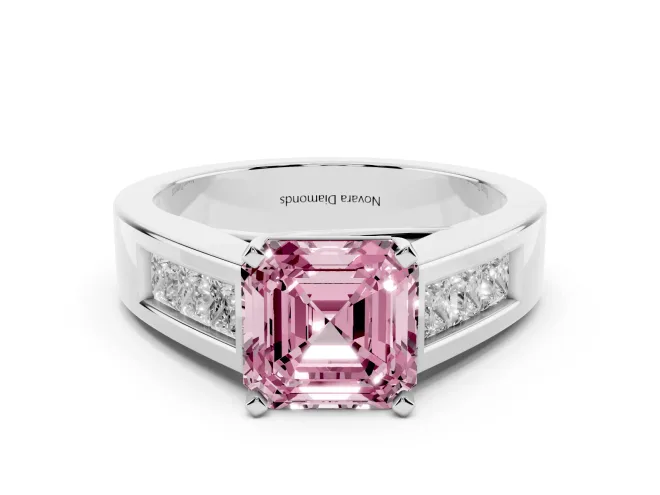 Fancy Pink Asscher Cut Diamond Solitaire Ring Set in White gold with Channel-Set Accent Stones and Prong Setting