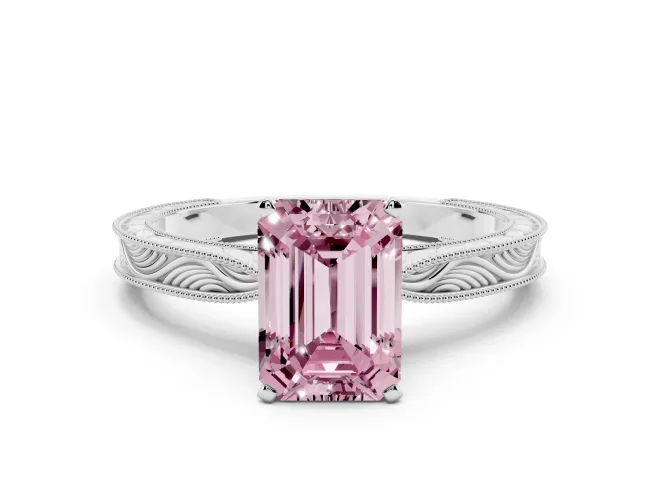 Emerald Cut Engraved Engagement Ring Setting for a Fancy Pink Lab-Grown Diamond | Sterling Silver