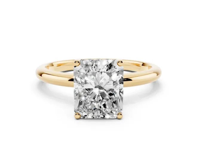 Radiant Cut Diamond Solitaire Engagement Ring Set in Yellow gold with Prong Setting and Polished Band